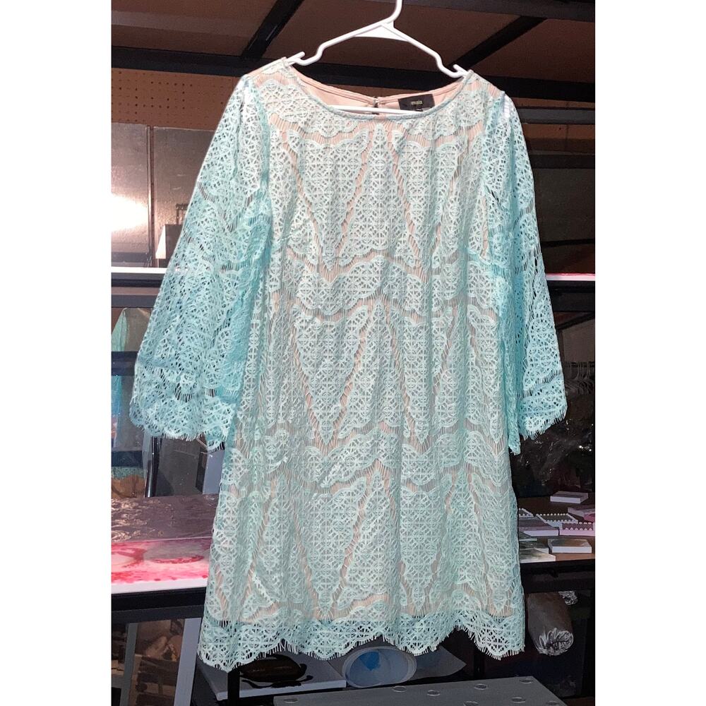 10 Maia lace teal light blue green wide long sleeve mini short dress